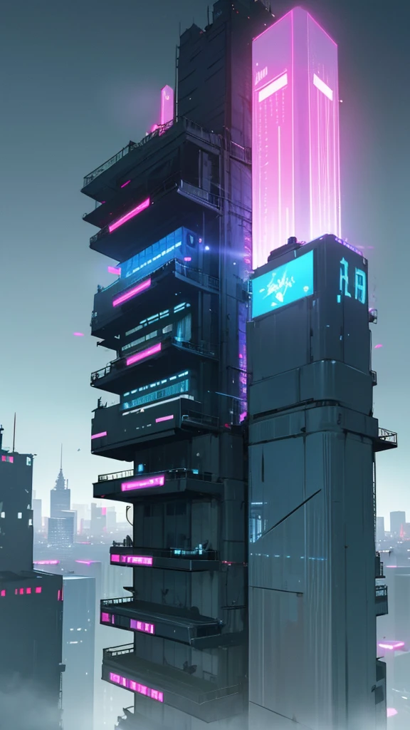 Post apocalyptic city with a man and woman standing together on a rooftop on a high skyscraper building. The city has neon light signs like holographs. Flying futuristic cars are flying in the background. The time of day is night time and raining.
