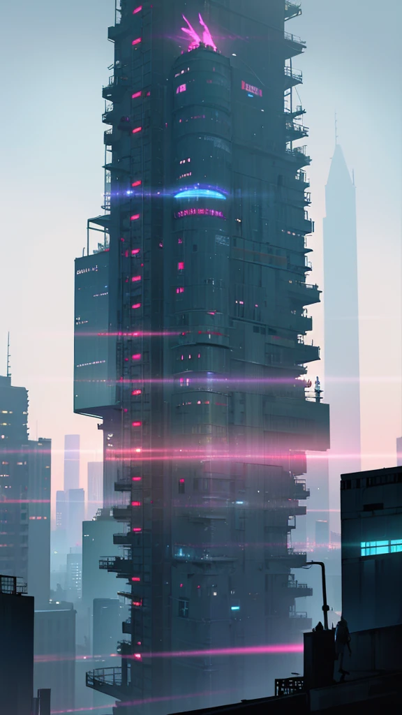 Post apocalyptic city with a man and woman standing together on a rooftop on a high skyscraper building. The city has neon light signs like holographs. Flying futuristic cars are flying in the background. The time of day is night time and raining.