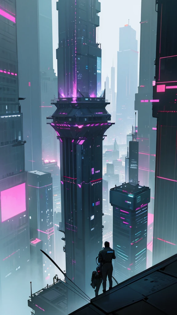 Post apocalyptic city with a man and woman standing together on a rooftop on a high skyscraper building. The city has neon light signs like holographs. Flying futuristic cars are flying in the background. The time of day is night time and raining.
