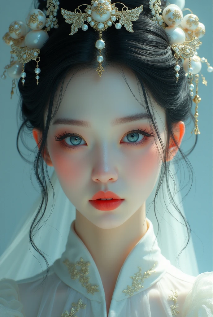 SHE IS A WOMAN, He has blue eyes and white hair, long white eyelashes and white eyebrows, little red lips, white complexion without any blemish, exquisite faces, but devoid of emotions, without makeup and with a princess adornment on her head and dressed in ancient Chinese anime clothes Paint the eyebrows white