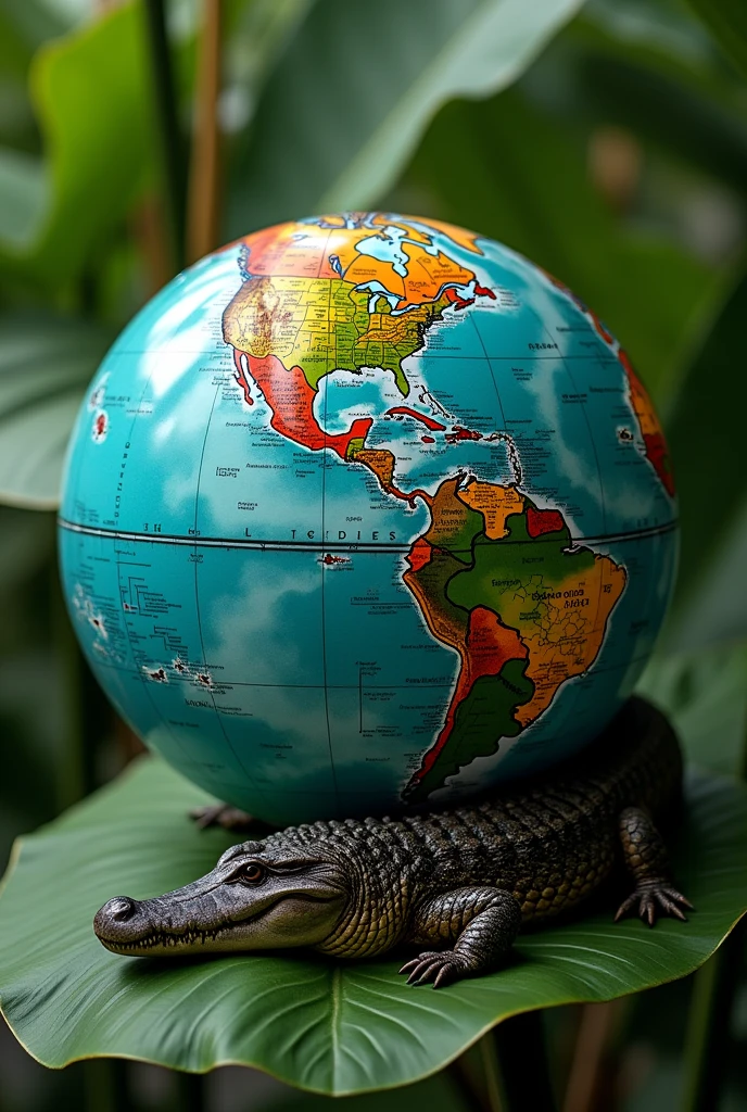 a circle resting on top of a green tree leaf, Take the map and inside the globe place the meeting of the waters of the Solimoes River with the Negro River. behind the globe the flag of the Amazon. and to close the top of the flag, the back of a caiman, forming a bottomless Amazon connectivity.