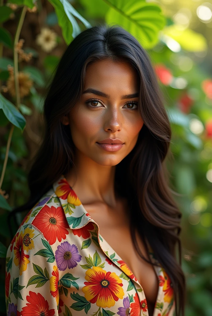 A Brazilian woman in a lush tropical garden, wearing an open shirt with a floral print, with a close-up capturing the beauty
