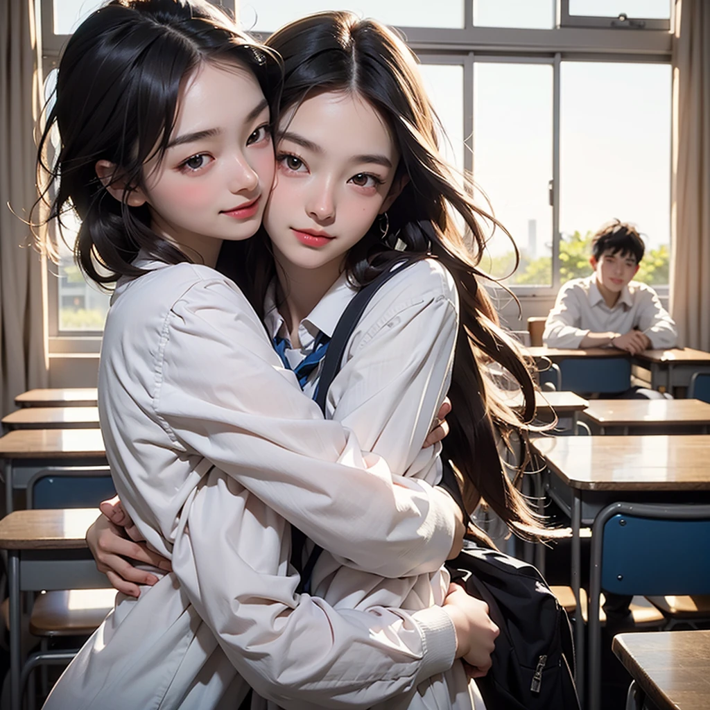 Cinematic lighting、Highest quality、School classroom、Two high school students hugging and kissing、Blushed、evening、