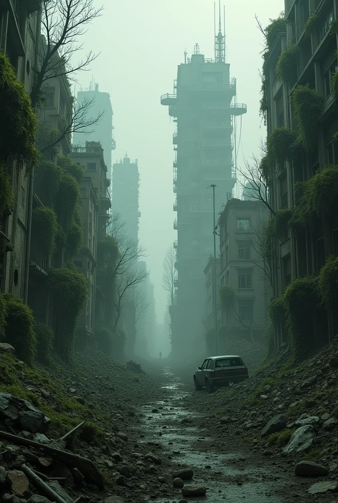 I want a picture of a destroyed city in black and green tones with no character with vegetation 
