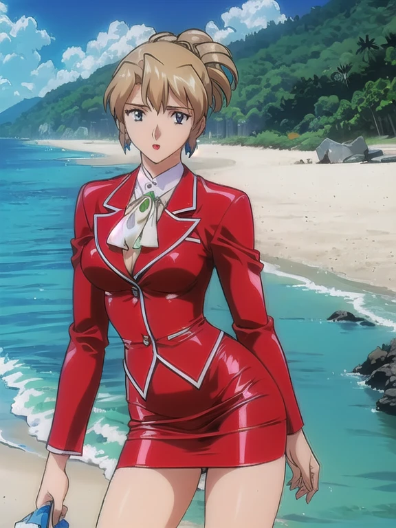 ((nsfw)), masterpiece, best quality, 1girl, looking at viewer, ultra detailed, cowboy shot, folded ponytail, long sleeves, red jacket, white shirt, earrings, ascot, brooch, red jacket, red pencil skirt, red lips, looking back, (pantylines:1.1), (beach, sandy shore, crashing waves, sunny:1.3), up-skirt, white underwear