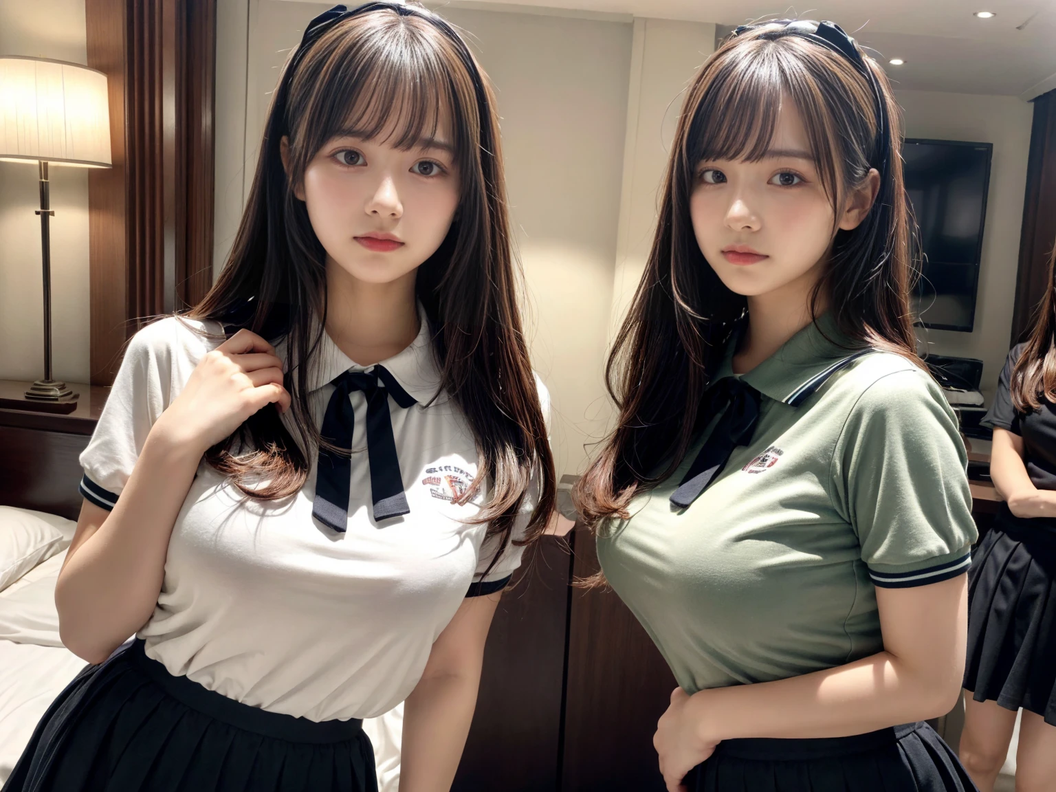 masterpiece, best quality, illustration, Super detailed, fine details, High resolution, 8K,wall paper, perfect dynamic composition,(Details High quality, realistic depiction of eyes:1.3), (2 girls), (Fashionable, with soft pastel colors, black skirt, pernas nu, camisa polo preta, uniform soccer, ambiente urbano), straight hair, large breasts, black hair color, Big Natural Color Lip, (perfect body shape), crying a little、Harajuku style、20 year old girl、cute type、ta、beautiful legs, hotel room, Gravure Idol