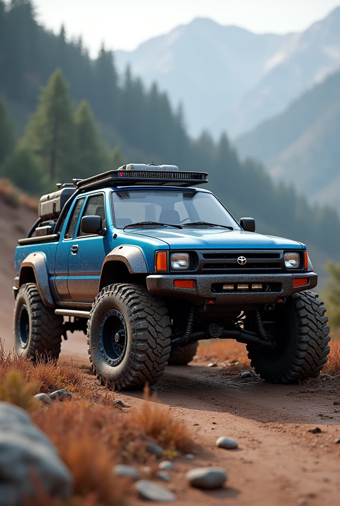 Create a picture of a blue 1995 hilux with big tires