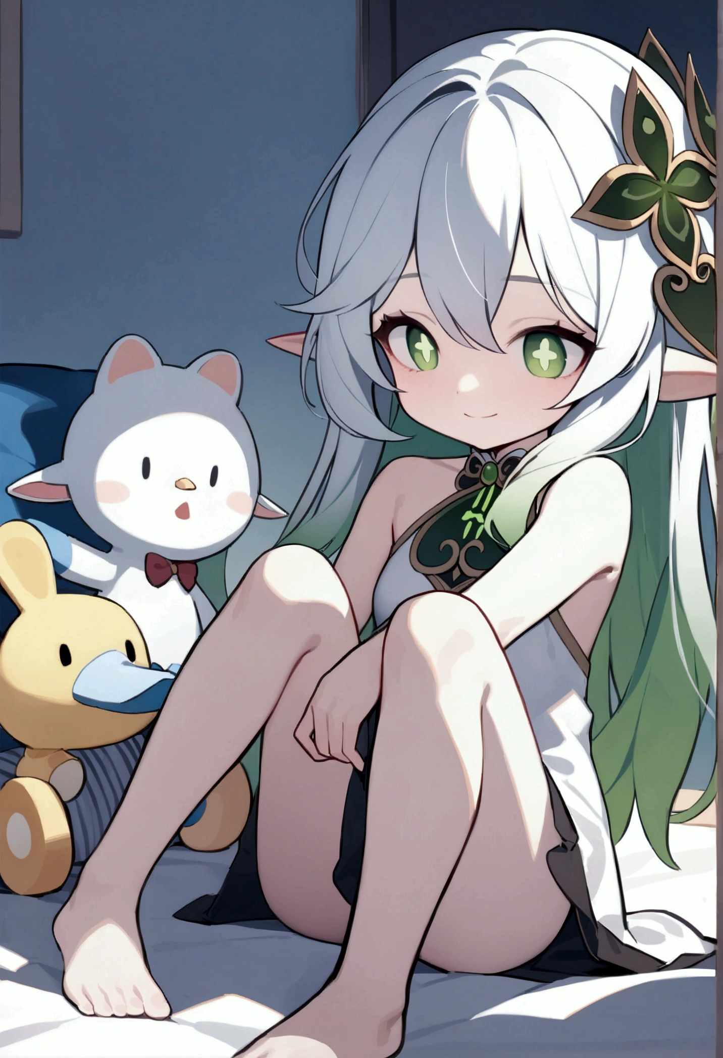 (masterpiece), (best quality), illustration, ultra detailed, hdr, Depth of field, (colorful),artist:chenbin,artist:tianliang duohe fangdongye,[[artist:wlop]],Artist:ask (askzy), 1girl, solo, long hair, (little_girl:1.2),(petite:1.1),bright_pupils,1girl, solo, petite,elf girl,pointy_ears, smile,(chibi:0.1), white hair,green hair,green eyes,symbol-shaped pupils, bangs, breasts,cross-shaped pupils, hair ornament, gradient hair, nahida (genshin impact),living room, Duck sitting, sitting on bed,Plush toys,rabbit toys,blcak cat,books on bed,sleeping dress,see through clothes,bare one side shoulder,bare foot,