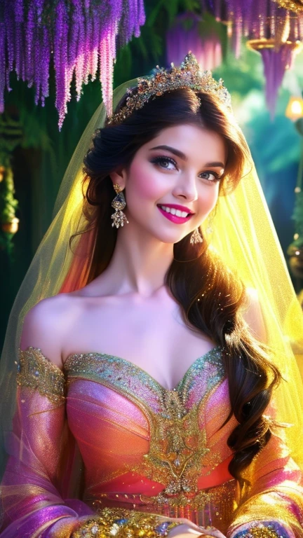 (a beautiful woman in a stunning gown of flowing silk with a radiant smile and captivating eyes),vibrant colors,highres,ultra-detailed,sharp focus,soft lighting,realistic,fantasy-inspired,portraits,subtle color palette,ethereal glow,fairytale,graceful,pastel shades,enchanted garden,lovely flowers,twinkling lights,whimsical ambiance