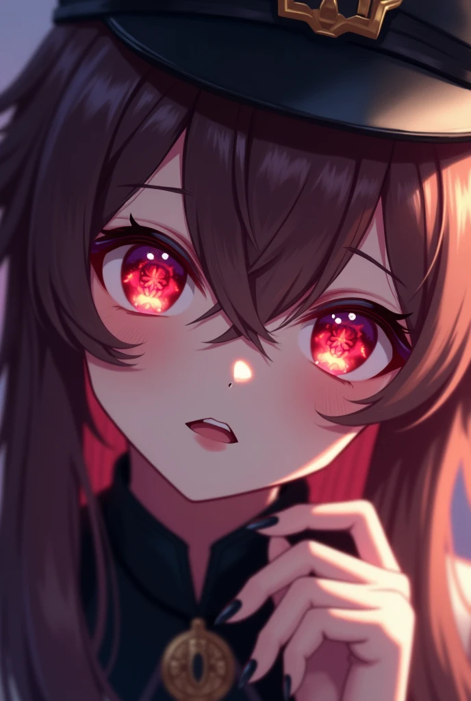 face, closeup, closeup shot, shiny hair, shiny clothes, shiny, extremely detailed eyes, extreme details, realistic, cinematic, detailed, masterpiece, 4k, 8k, , PunkAI,, FantasyAI_Burple,, indoors, hu tao (genshin impact), genshin impact, hat, symbol-shaped pupils, red eyes, brown hair, star-shaped pupils, flower-shaped pupils, bangs, black nails, black headwear