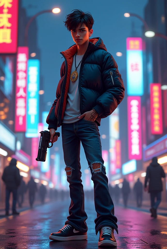 a boy AI standing confidently in the midst of a bustling London night street. He's wearing a stylish outfit consisting of a padded jacket, flared straight fit loose jeans which is and sleek Nike sneakers and a locket of Lord hanuman with some wound on hand In his hand, he holds a futuristic real looking pistol with a sleek design. The background is a vibrant display of neon billboards and towering skyscrapers, with the city's energetic nightlife unfolding around him. The avatar's expression is fearless and ready for action, as if he's about to take on the night. Bring this scene to life with your artwork!"