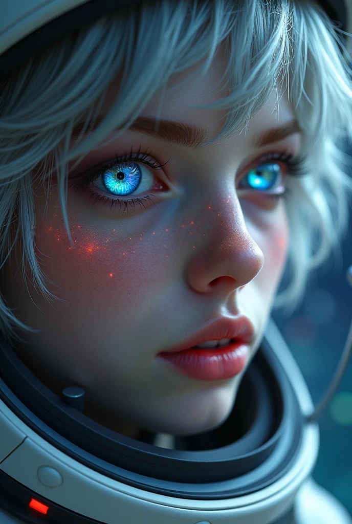 (Close-up of a better masterpiece:1.5)0.9], (Space and astronauts:1.2) (Messy silver hair:1.1) (Heterochromia xanthochromia and blue eyes:1.2) (Space Helmet:1.0) (Colored stars in the eyes:1.0) (A radiant glow:1.1) (thick lips:0.9)