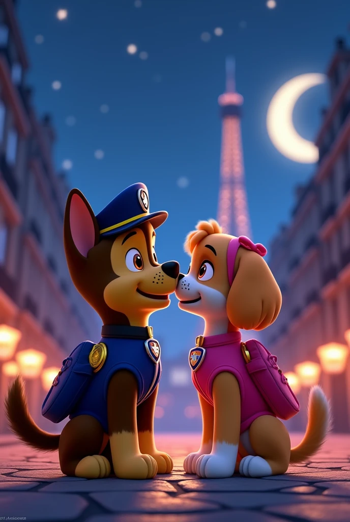 Paw Patrol chase and skye on a date in Paris with them kissing under the moonlight
