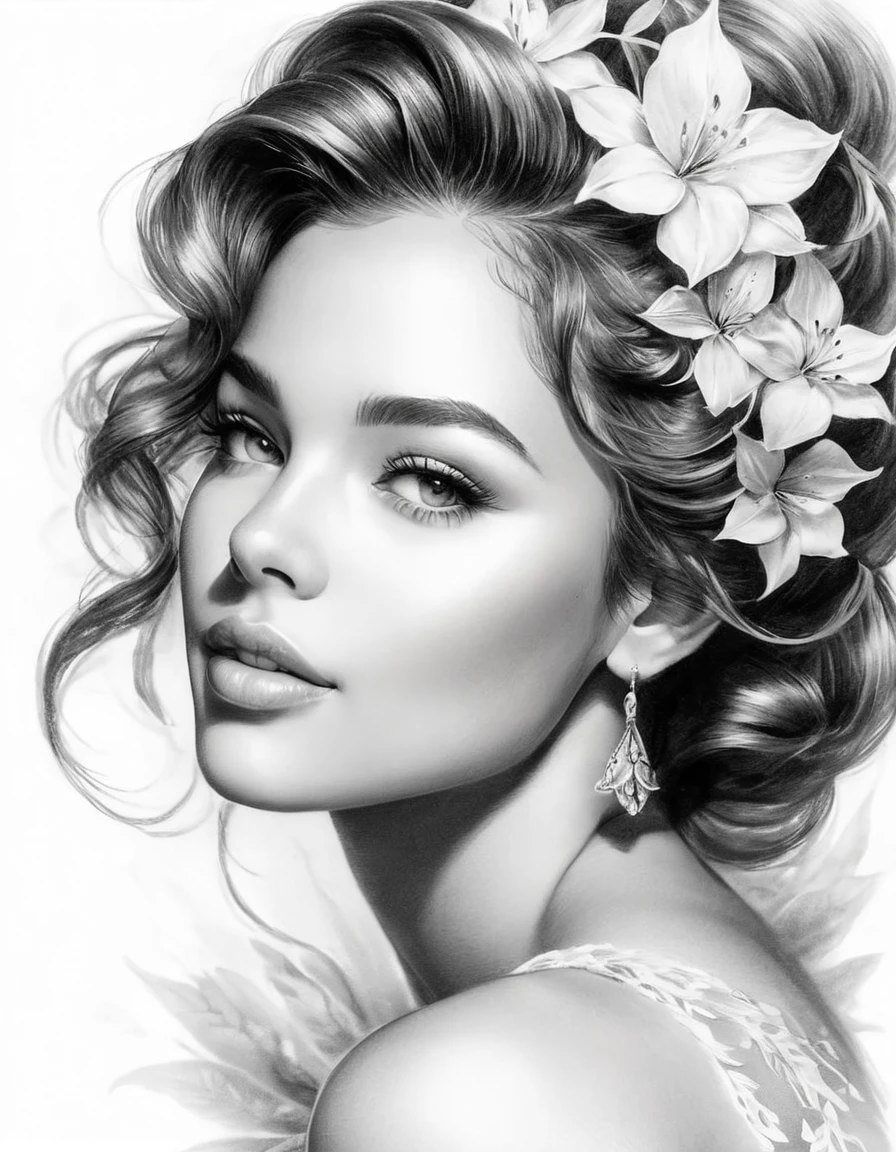 A stunning, black and white sketch photoshoot of a beautiful woman with delicate, pencil-drawn features and a soft, dreamy expression. Highly detailed, with intricate shading and a range of tones from deep blacks to bright whites. Captured with a normal lens and a classic, timeless composition that emphasizes the woman's natural beauty and the artist's skilled, expressive linework.