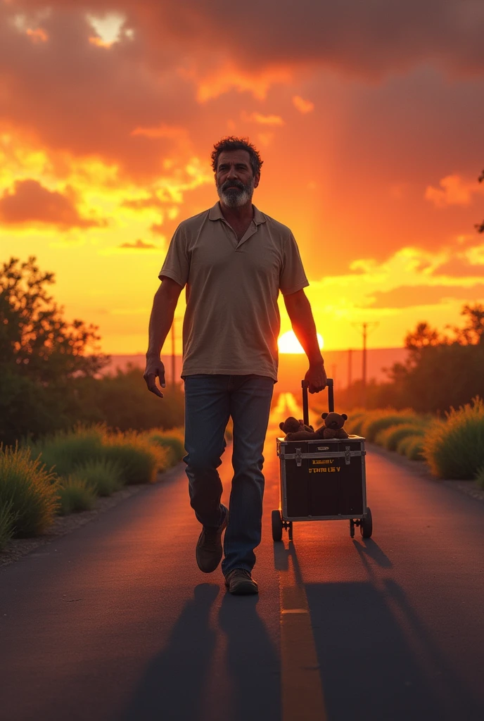 37-year-old Venezuelan man carrying a Stanley toolbox on wheels, walking facing the sun on a straight asphalt road, on one side desert and on the other side green vegetation leading to the sunset and in the box a small dark brown teddy bear 