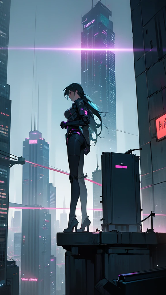 Post apocalyptic city with a man and woman standing together on a rooftop on a high skyscraper building. The city has neon light signs like holographs. Flying futuristic cars are flying in the background. The time of day is night time and raining. The man and woman should clearly be seen wearing futuristic outfits