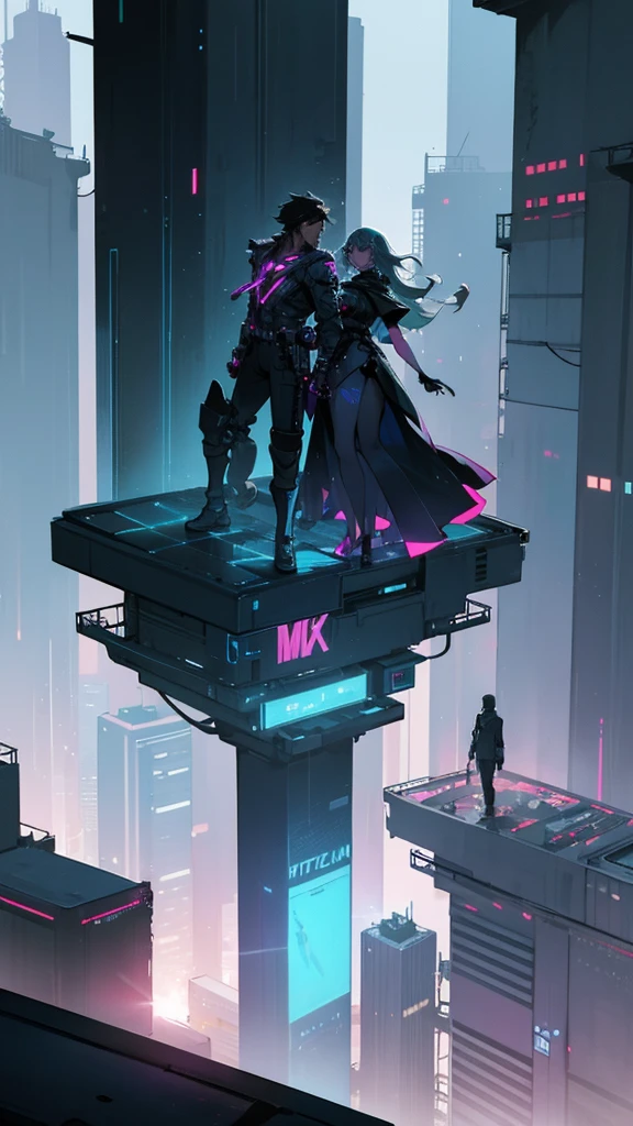 Post apocalyptic city with a man and woman standing together on a rooftop on a high skyscraper building. The city has neon light signs like holographs. Flying futuristic cars are flying in the background. The time of day is night time and raining. The man and woman should clearly be seen wearing futuristic outfits