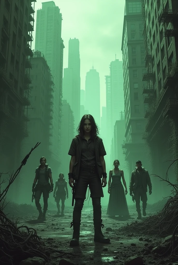 I want a picture of a destroyed city in black and green tones with the character in front and a group of friends behind the character with vegetation