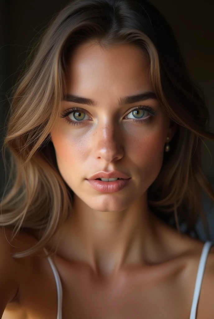 Naked girl, 8 K, Best quality, masterpiece, ultra high resolution, (Realism: 1.4), Original photo, (realistic skin texture: 1.3), (granularity: 1.3), (Selfie angle), 1 girl, Beautiful eyes and facial details, masterpiece, Best quality, Close-up, upper body, I look at the viewer