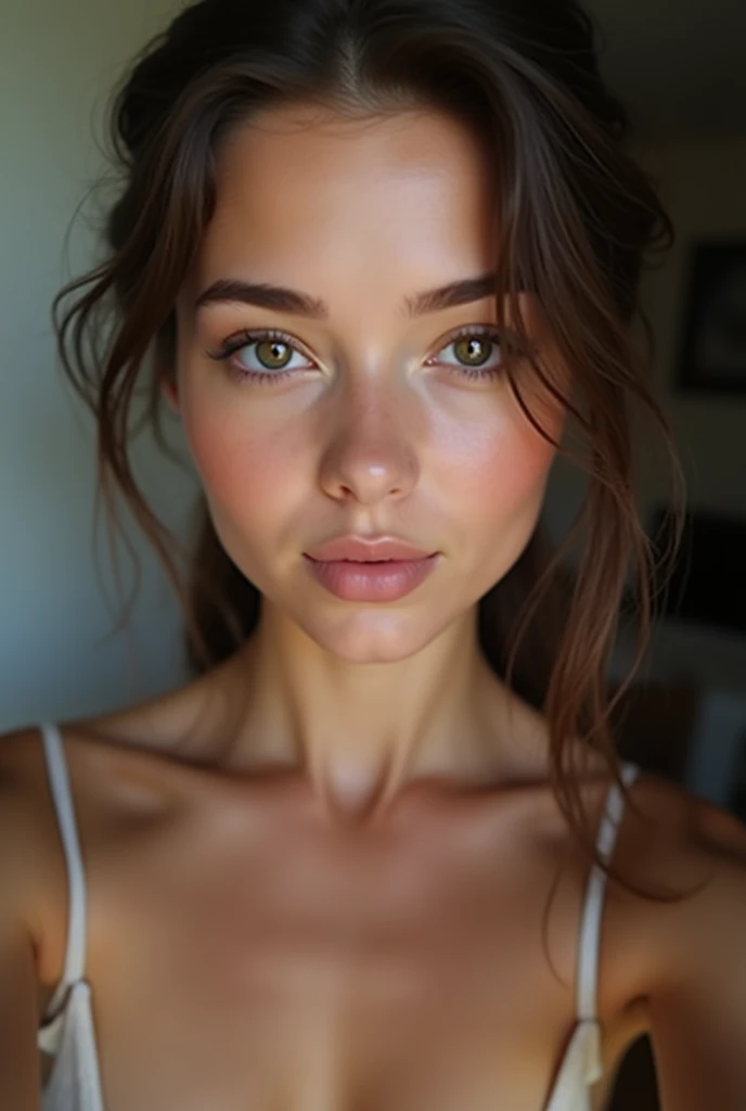 Naked girl, 8 K, Best quality, masterpiece, ultra high resolution, (Realism: 1.4), Original photo, (realistic skin texture: 1.3), (granularity: 1.3), (Selfie angle), 1 girl, Beautiful eyes and facial details, masterpiece, Best quality, Close-up, upper body, I look at the viewer