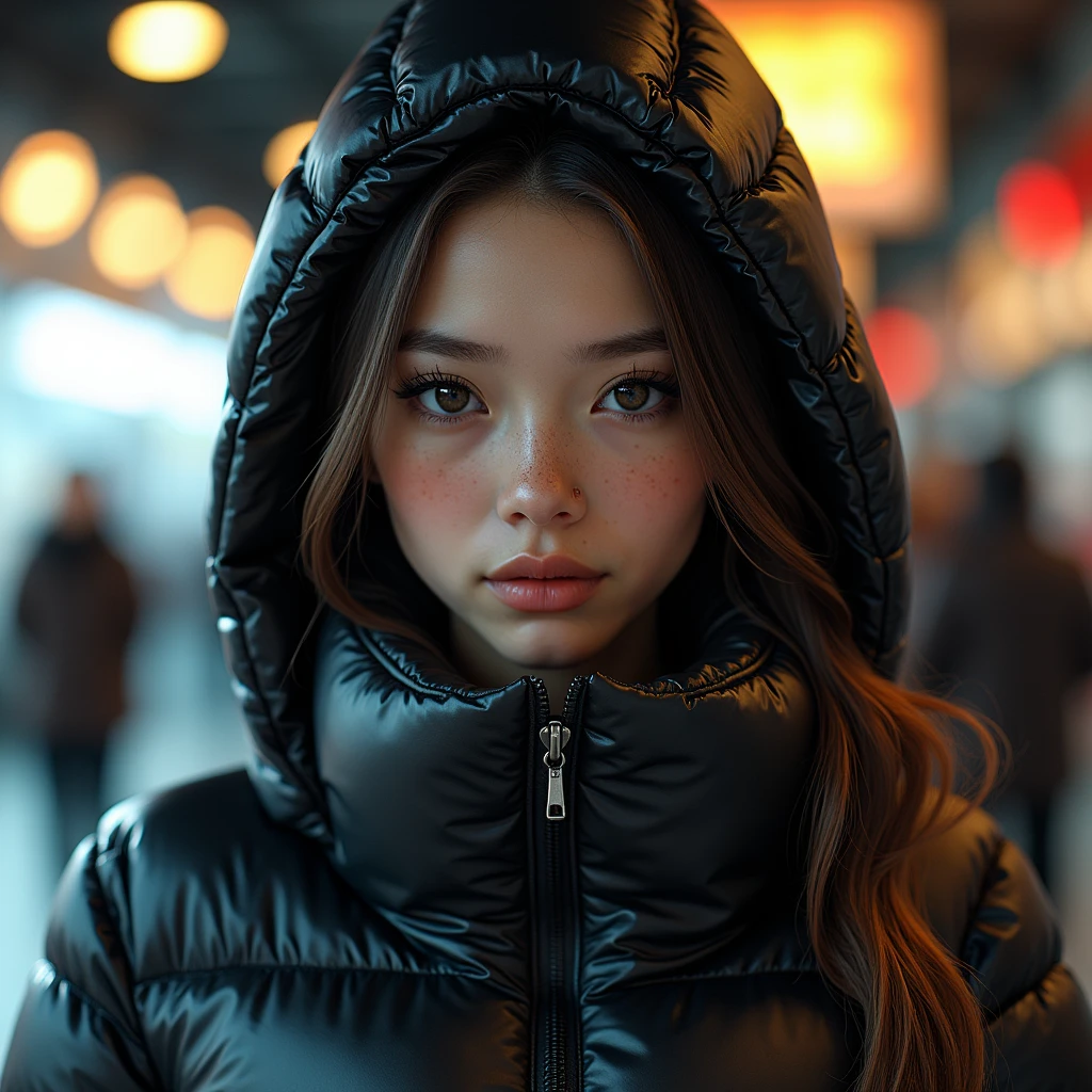 complete portrait of a slim ponytail 16 year old girl,beautiful detailed eyes,beautiful freckles,beautiful detailed lips,extremely detailed eyes and face,longeyelashes,in beautiful detailed hooded  formfitting duvetica overfilled super gleamy super thick glossy opened puffer jacket covering zipped paddedvest,latex leggings,symmetrical,standing in a pufferstore,masterpiece,cinematic,lifelike,hyperrealistic,8k,photorealistic,highly detailed,intricate,exquisite,elegant,beautiful,stunning