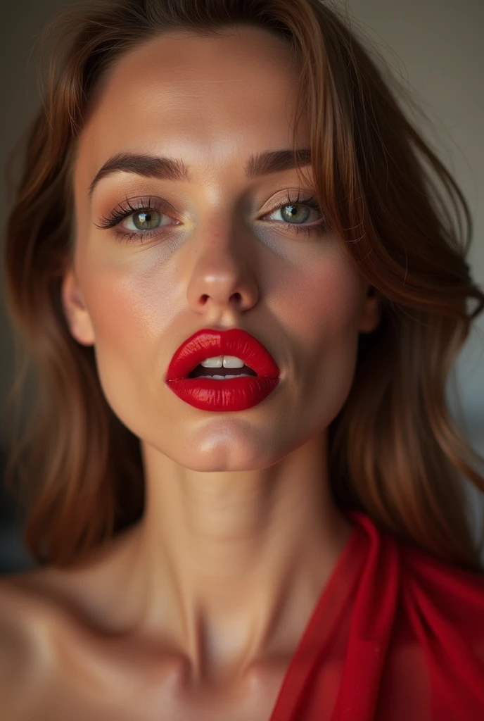 Russian women biggest sized pumped lips red lipstick 