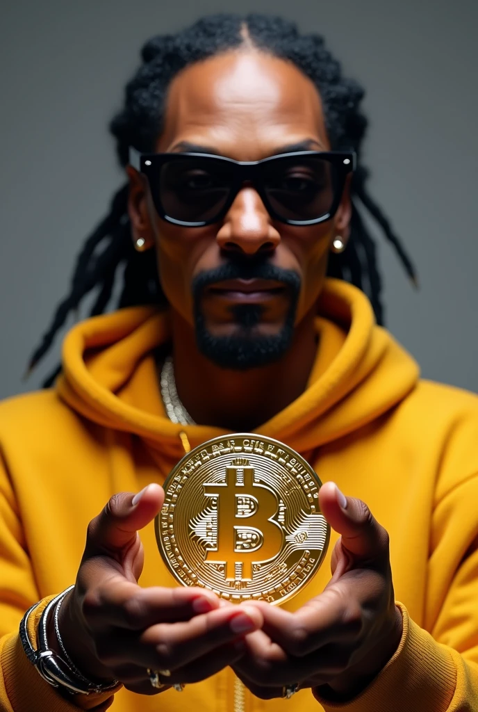 Snoop Dogg holding Bitcoin in his hands various images