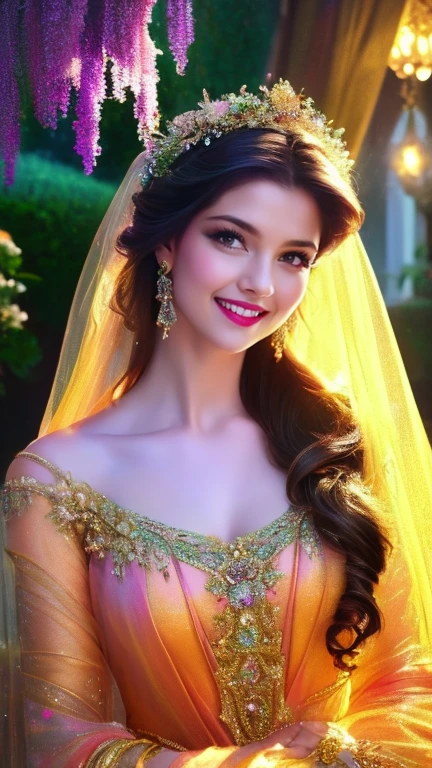 (a beautiful woman in a stunning gown of flowing silk with a radiant smile and captivating eyes),vibrant colors,highres,ultra-detailed,sharp focus,soft lighting,realistic,fantasy-inspired,portraits,subtle color palette,ethereal glow,fairytale,graceful,pastel shades,enchanted garden,lovely flowers,twinkling lights,whimsical ambiance