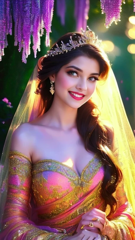 (a beautiful woman in a stunning gown of flowing silk with a radiant smile and captivating eyes),vibrant colors,highres,ultra-detailed,sharp focus,soft lighting,realistic,fantasy-inspired,portraits,subtle color palette,ethereal glow,fairytale,graceful,pastel shades,enchanted garden,lovely flowers,twinkling lights,whimsical ambiance