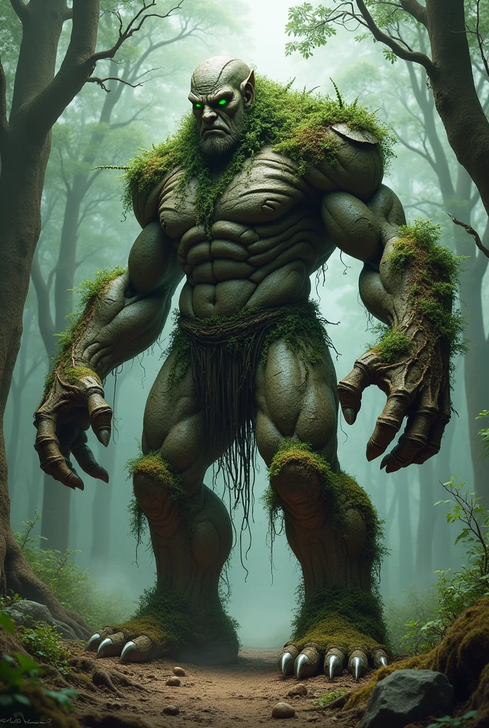 "A towering humanoid elemental made of earth, standing in a forest clearing. Its body is composed of layers of rock, soil, and dense moss, with jagged stones protruding from its shoulders and back. The face is roughly shaped, with glowing green eyes set deep within a craggy brow. Vines and roots are intertwined around its limbs, giving it a slightly overgrown appearance. The hands are large and heavy, ending in fingers that resemble thick, sturdy branches. The legs are wide and solid, with the feet blending seamlessly into the earth beneath, as if the elemental could sink into the ground at any moment. The overall form is muscular and powerful, exuding an aura of ancient strength and connection to the earth. The background is a dense, ancient forest with towering trees and a misty atmosphere, giving a sense of deep-rooted natural power.