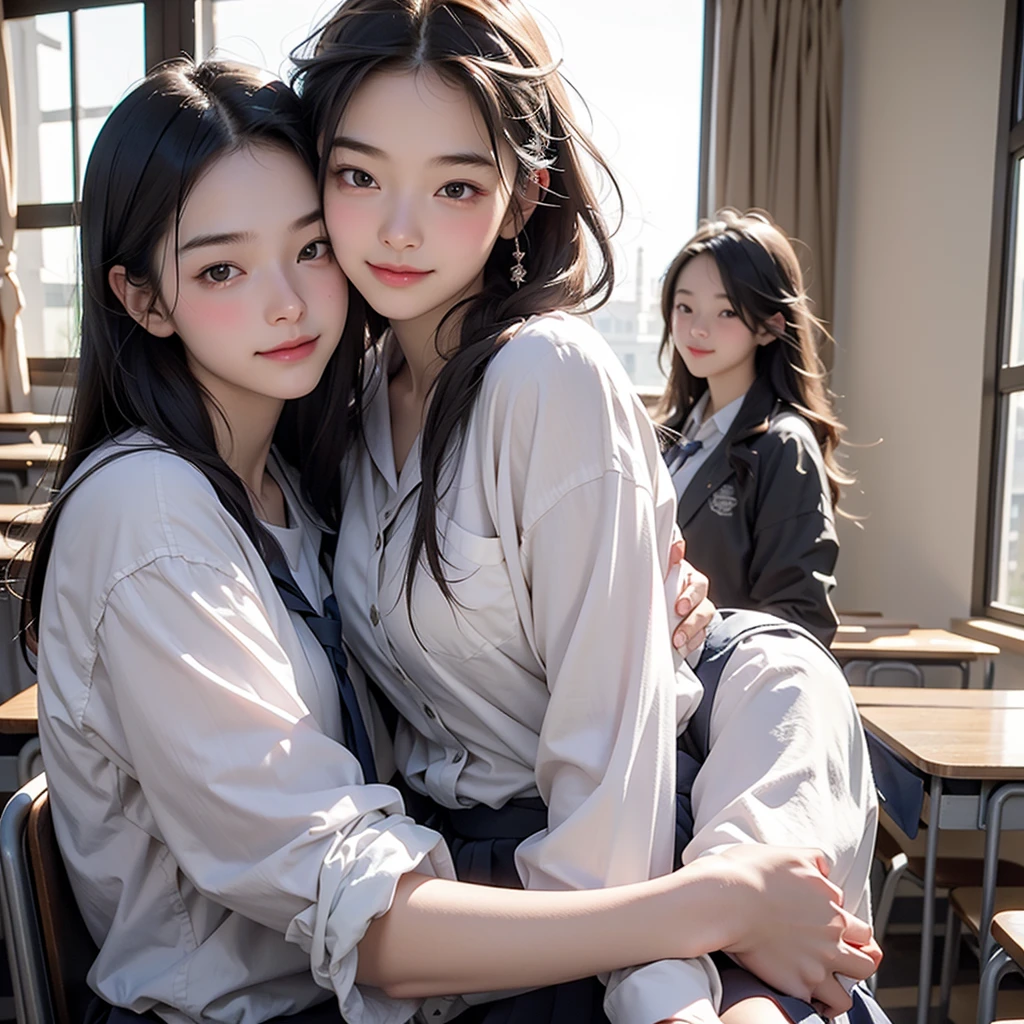 Cinematic lighting、Highest quality、School classroom、Two high school students hugging and kissing、Blushed、evening、