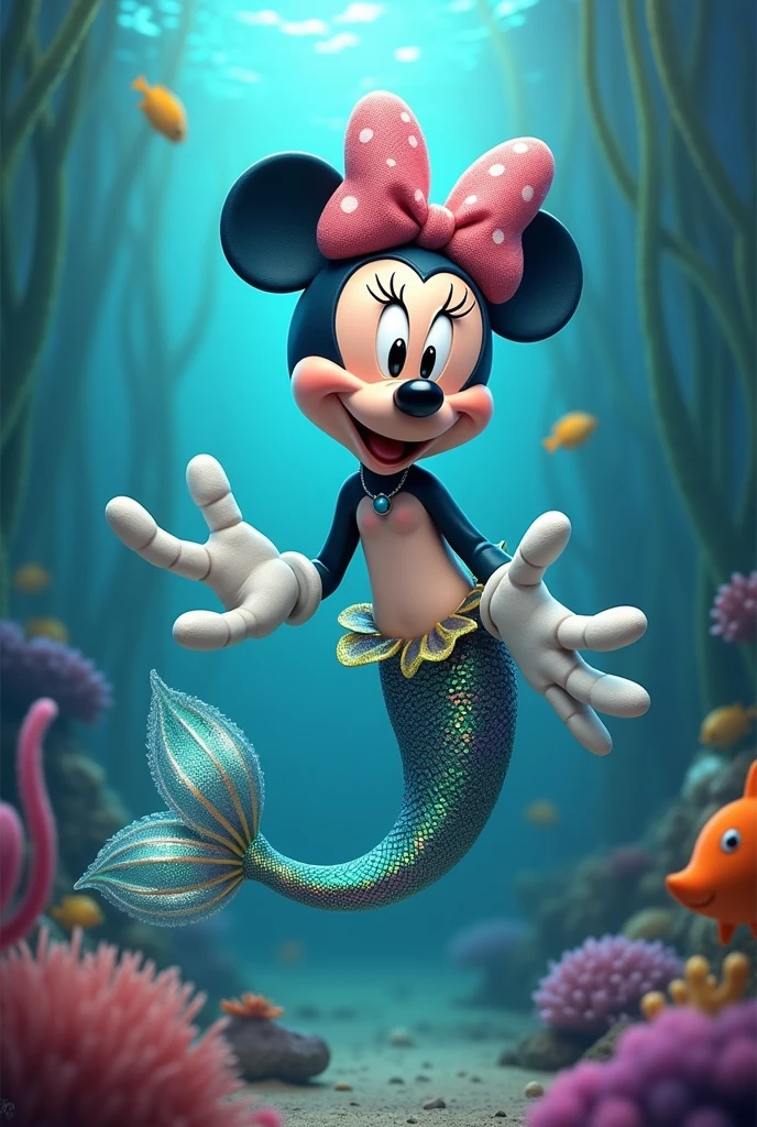 A monster with a Minnie Mouse head, hand body and feet mermaid tail