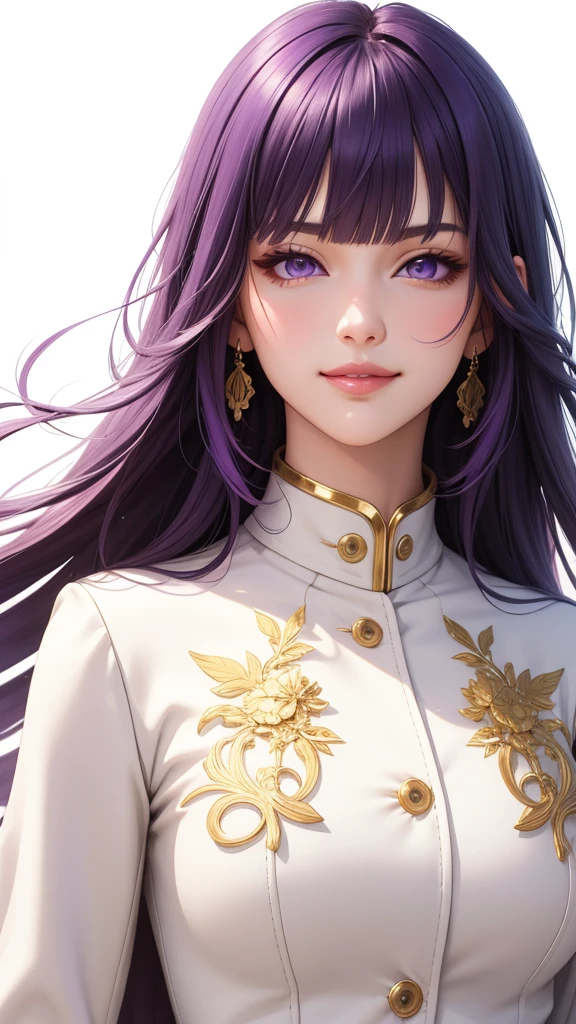 (masterpiece, best quality), intricate details, thin, ((slim)), beautiful girl, purple hair, blunt bangs, light purple eyes, sharp jawline, white coat, long hair, lips, upper body, close up, smirk