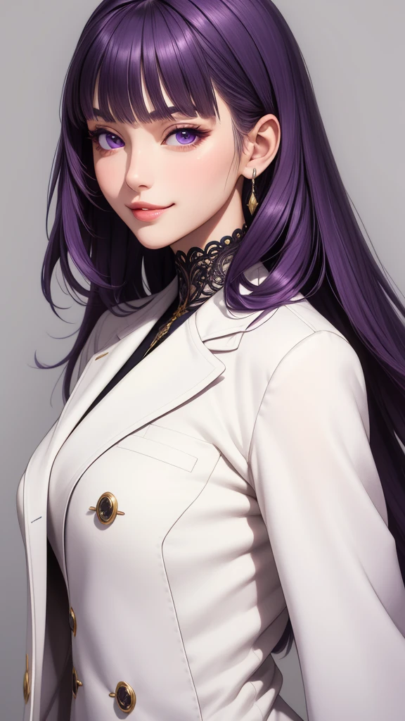 (masterpiece, best quality), intricate details, thin, ((slim)), beautiful girl, purple hair, blunt bangs, light purple eyes, sharp jawline, white coat, long hair, lips, upper body, close up, smirk