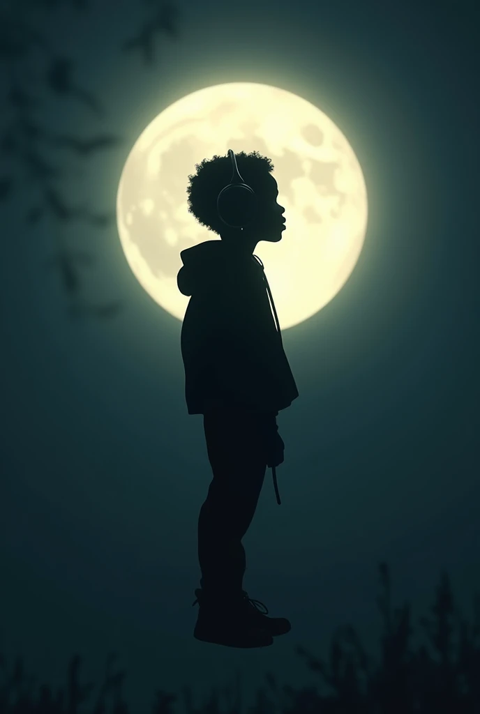 The silhouette of a black boy with headphones floating in front of the moon