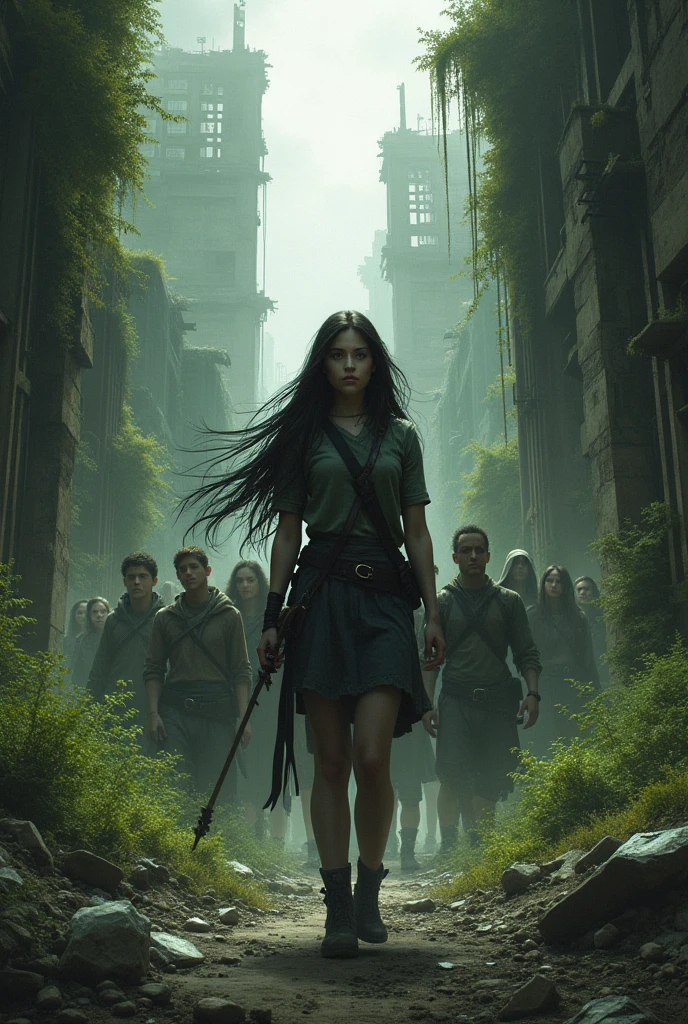 I want a picture of a destroyed city in black and green tones with the character she has long hair in the front and a group of friends behind character with vegetation 
