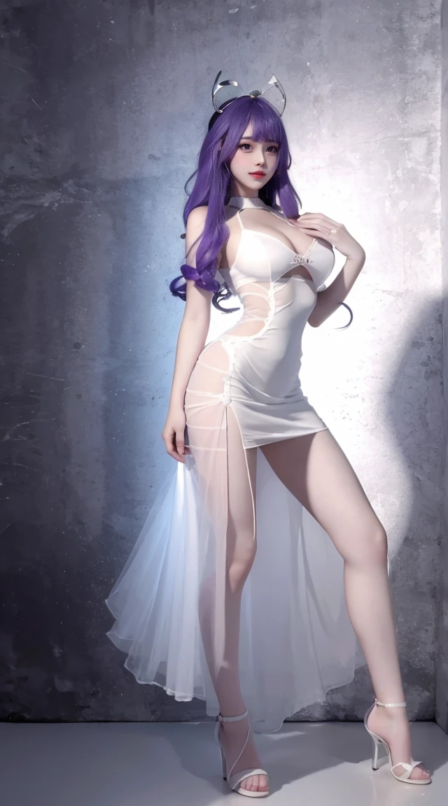 8K, Surrealism, masterpiece, best quality, Very detailed, high resolution, Random Background, 1 busty girl, (:1.5), Yao Liuer, White Dress,translucent,whole body,High heel白色透明婚纱,High heel,whole body,Purple Hair,Light,The Original God Thor