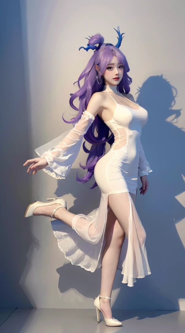 8K, Surrealism, masterpiece, best quality, Very detailed, high resolution, Random Background, 1 busty girl, (:1.5), Yao Liuer, White Dress,translucent,whole body,High heel白色透明婚纱,High heel,whole body,Purple Hair,Light,The Original God Thor