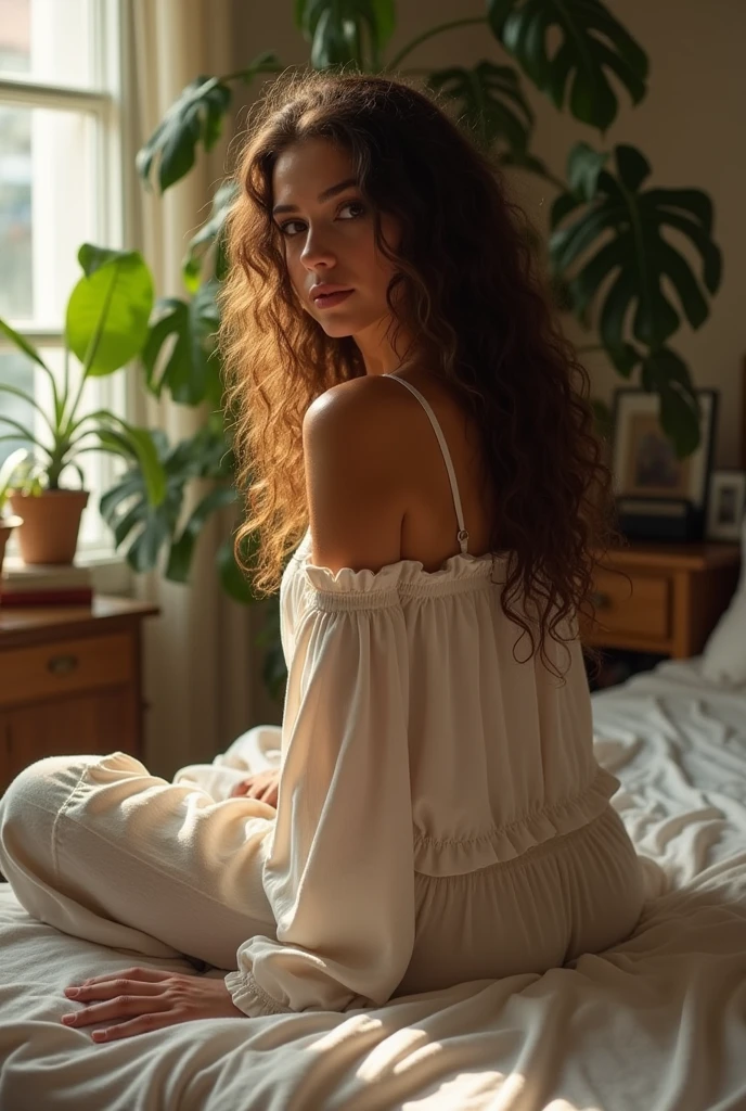 (photorealism:1.2), beautiful woman, sitting on bed, wearing loose off-shoulder top, pajama pants, long curly hair, indoors, soft lighting, plants in background, window with sunlight, cozy room, relaxed pose, realistic, intricate details, warm colors, by Greg Rutkowski, by Alphonse Mucha