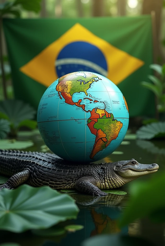 a circle resting on top of a green tree leaf, Take the map and inside it put the meeting point of the waters of the Solimoes River with the Negro River. behind the globe the flag of the Amazon. and to close the top of the flag, the back of a caiman, forming a bottomless Amazon connectivity.