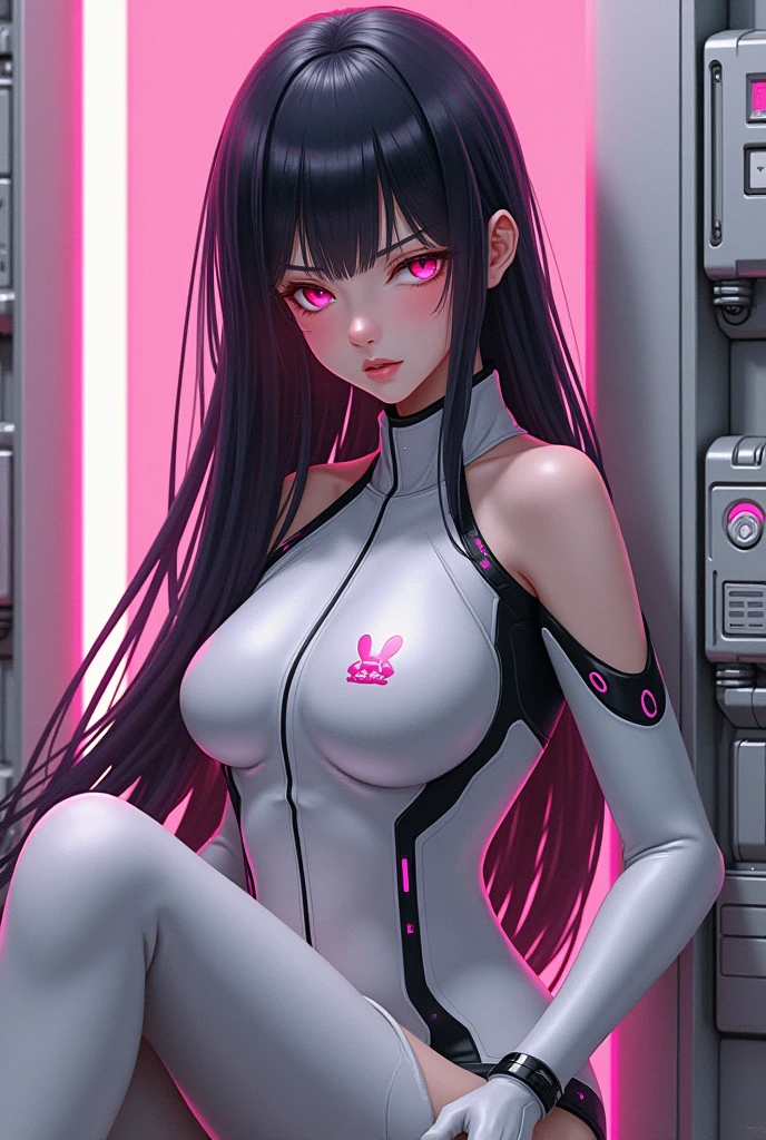 A young woman with long, dark hair and a fringe, wearing a fitted futuristic suit. The suit should be primarily in white, black, and pink tones, including a rabbit image on her chest. Her expression is serious, with pink facial marks on her cheeks, and her style should be a mix of cyberpunk and anime, with soft and defined lines, large and expressive eyes. The color palette should be limited exclusively to white, black, and pink. She is in a front-facing half-body position, leaning against mechanical-looking machinery, also in white and black with pink details. The image should be in vertical format, ensuring a visually balanced design with these three colors