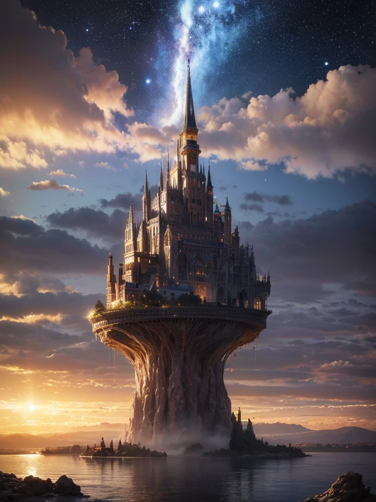 (8k, highest quality, masterpiece, final fantasy style: 1.2), (unRealistic, photoRealistic: 1.37), Dreamy landscape, Fantasy, Unsurreal landscapes, Super detailed, Flying Castle, Floating Island in the Sky, Seven-colored swirl of light, Intense lightning, milky way, Complex Light, Colored light, Large Lake, Starry sky reflected on the lake surface, Countless shining stars, Meteors, Reflections , (A pillar of light emanated from the ground:1,2), roses and orchids gardens , sunset, pink clouds, waterfalls in the sky, realistic style, Hyperrealism drawing, a flying pirate spaceship floating at the clouds level, burning skyscrapers, cyborgs, timeless realms, stunning princess , casting spell, healing light magic effect, in a magical lagoon of the fairyland, crystal clear water surface reflections, sharp focus, looking at viewer, (close-up:0.9), (bright white theme:1.2), (bright white tone:1.2), (deep blue tone:1.3),((( realistic, Hyperrealism, vivid colours , landscapes , alien cyborgs , science fiction themes)))