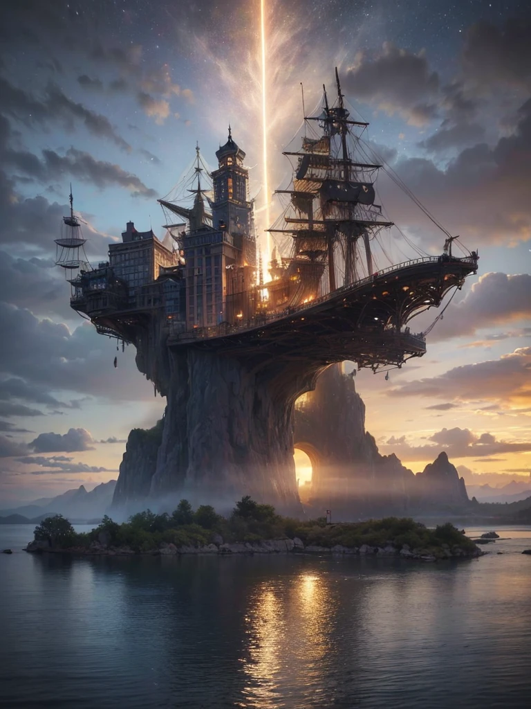 (8k, highest quality, masterpiece, final fantasy style: 1.2), (unRealistic, photoRealistic: 1.37), Dreamy landscape, Fantasy, Unsurreal landscapes, Super detailed, Flying Castle, Floating Island in the Sky, Seven-colored swirl of light, Intense lightning, milky way, Complex Light, Colored light, Large Lake, Starry sky reflected on the lake surface, Countless shining stars, Meteors, Reflections , (A pillar of light emanated from the ground:1,2), roses and orchids gardens , sunset, pink clouds, waterfalls in the sky, realistic style, Hyperrealism drawing, a flying pirate spaceship floating at the clouds level, burning skyscrapers, cyborgs, timeless realms, stunning princess , casting spell, healing light magic effect, in a magical lagoon of the fairyland, crystal clear water surface reflections, sharp focus, looking at viewer, (close-up:0.9), (bright white theme:1.2), (bright white tone:1.2), (deep blue tone:1.3),((( realistic, Hyperrealism, vivid colours , landscapes , alien cyborgs , science fiction themes)))