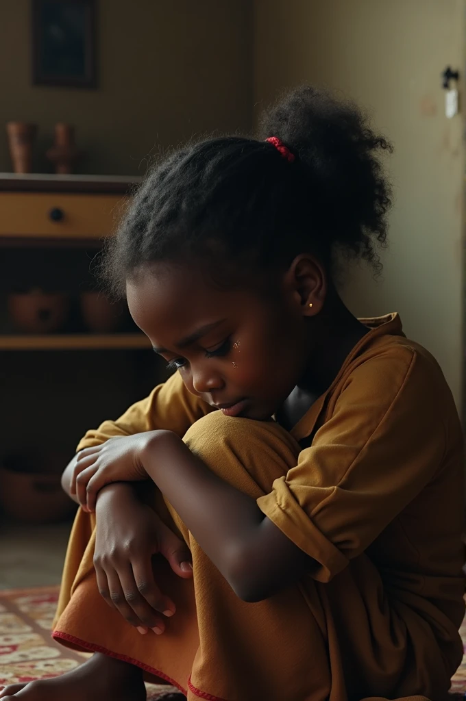 Portrait of a young girl of 14 years beautiful beautiful face perfect petit , she is happy, very beautiful African, praying eyes closed, in bed, (when humble, walls appearing the bricks, simple house, very blurred background, clear: 1.2)