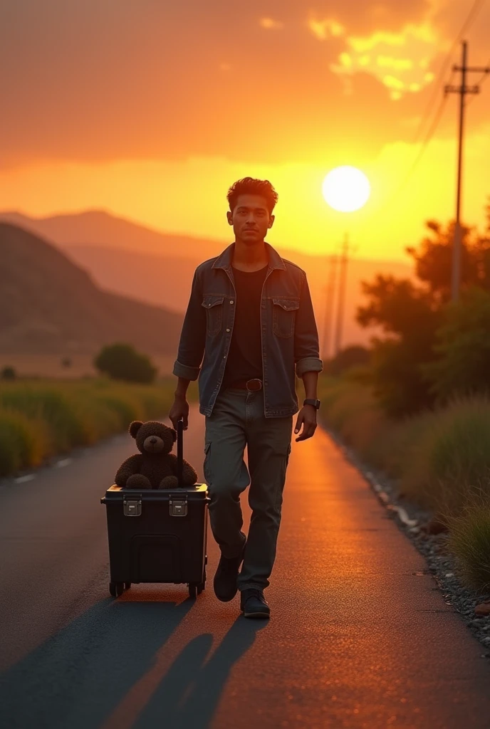25-year-old Venezuelan man carrying a Stanley toolbox on wheels, walking facing the sun on a straight asphalt road, on one side desert and on the other side green vegetation leading to the sunset and in the box a small dark brown teddy bear