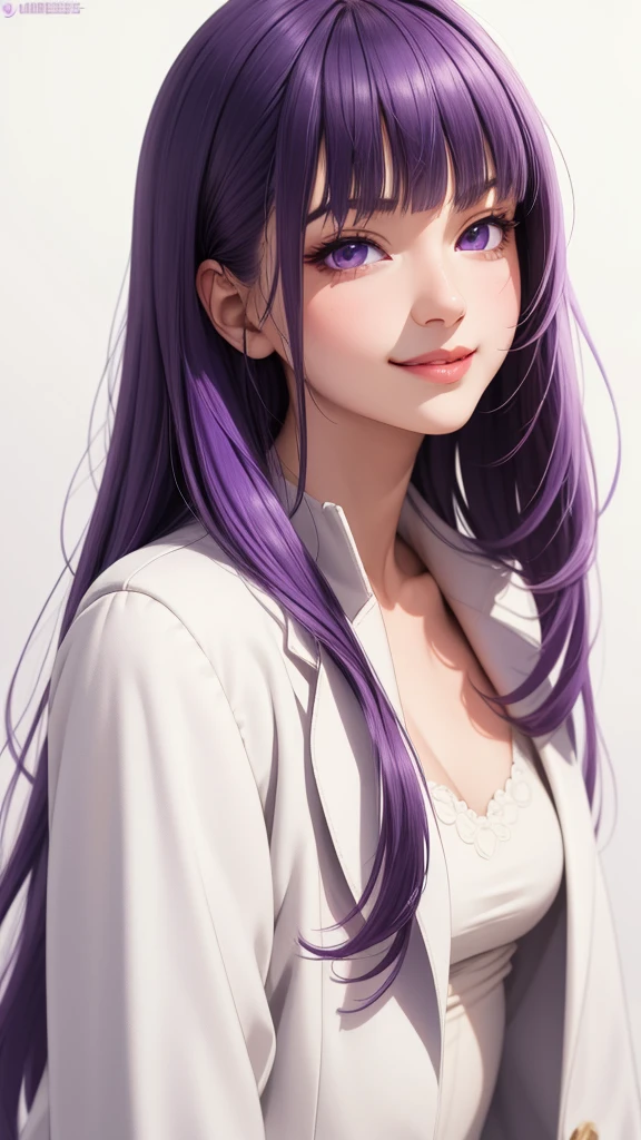 (masterpiece, best quality), intricate details, thin, ((slim)), beautiful girl, purple hair, blunt bangs, light purple eyes, sharp jawline, white coat, long hair, lips, upper body, close up, smirk