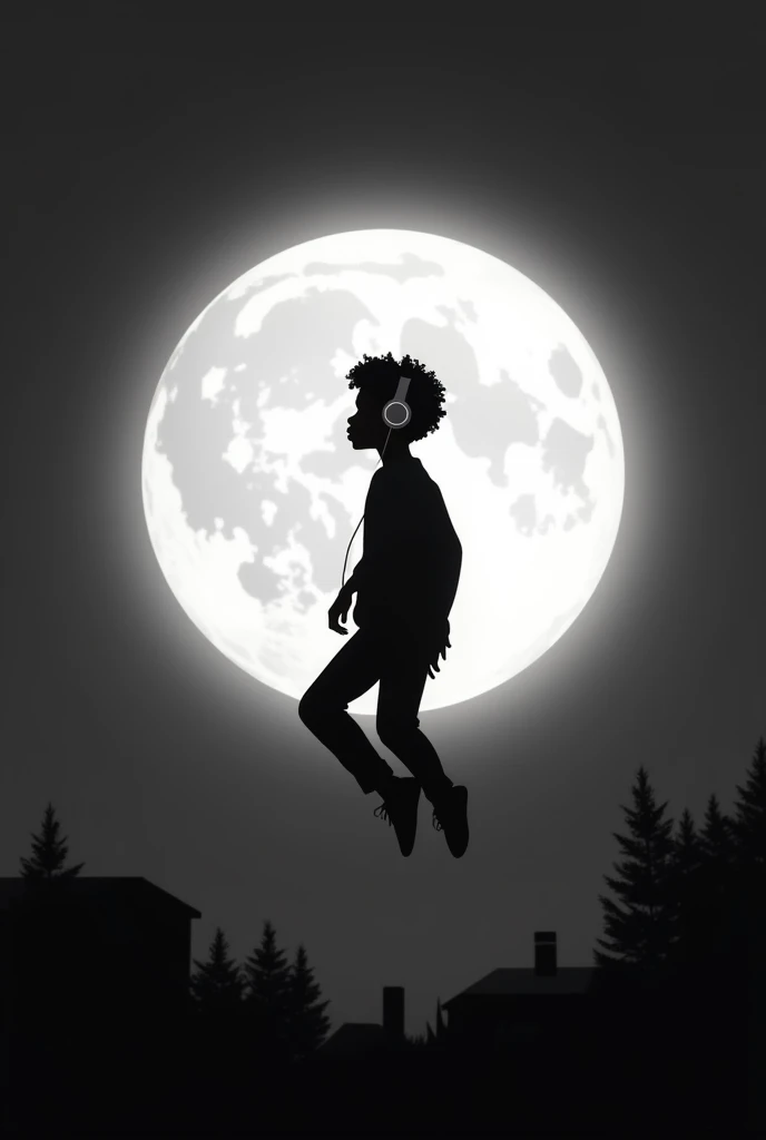 The silhouette of a black boy wearing headphones floating in front of the moon