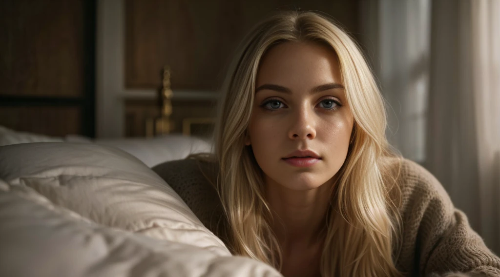 Portrait of an adult woman, aged between 30 and 35, with a striking and enigmatic beauty. She should have fair, almost pale skin, with a slight blush on her cheeks, and bright, piercing blue eyes, which contrast with the golden lighting of the sunset. She is indoors, suggesting a bedroom. The natural lighting comes from the side, creating a soft effect that creates diffused shadows highlighting the texture of her skin and the brightness of her eyes. Her lips are pink and slightly glossy, suggesting an expression of mystery and intensity. Platinum blonde hair, long and loose, slightly tousled. The composition should capture the golden light surrounding the hair, creating a shimmering effect highlighting the blonde locks, the texture of the skin and the brightness of the eyes. The background should be slightly out of focus, showing the light-toned walls and elements such as the windows, bed, chest of drawers and picture on the wall. The image should convey a cozy feeling, with a touch of mystery and contemplation. Center the woman in the image, with the composition following the rule of thirds, highlighting her face and eyes. The photograph should capture extreme detail, with high-quality rendering in 8k, maintaining the serene and enigmatic atmosphere. High quality photography, 8k rendering, extreme detail, realistic portrait, introspective atmosphere, soft and diffused lighting, natural light.