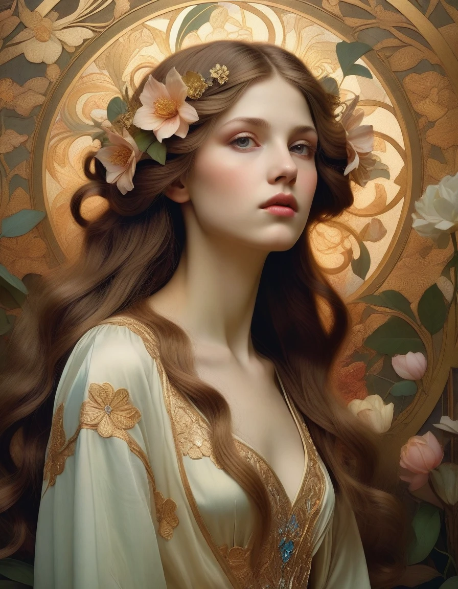 old  (Masterpiece, Best Quality, Highres:1.2) Art Nouveau Style Beautiful Woman with Long Hair Shaped as Flowers in the Style of Alphonse Mucha, portrait of a beautiful cute,  very beautiful, standing artistically, realistic natural, professional light distribution, very artistic lighting gradation, artistic detail,  highly detailed, centered,  Nymph-pattern vintage wallpaper with dramatic backlighting casting deep shadows, featuring a meticulously crafted illustration inspired by Dan Mumford and Alphonse Mucha, hyper-realistic and photorealistic textures, extremely detailed with intricate floral and foliage elements, octane rendered in 8K (extremely detailed 8k wallpaper), Golden ratio, hidden ancient Greek symbols (, Spiral), balanced design, color harmony, Vernis Martin, golden, ancient mythology, artistically twisted edges, reminiscent of old-world craftsmanship with a contemporary edge, volumetric lighting, ultra fine details