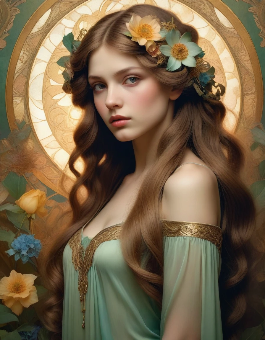 old  (Masterpiece, Best Quality, Highres:1.2) Art Nouveau Style Beautiful Woman with Long Hair Shaped as Flowers in the Style of Alphonse Mucha, portrait of a beautiful cute,  very beautiful, standing artistically, realistic natural, professional light distribution, very artistic lighting gradation, artistic detail,  highly detailed, centered,  Nymph-pattern vintage wallpaper with dramatic backlighting casting deep shadows, featuring a meticulously crafted illustration inspired by Dan Mumford and Alphonse Mucha, hyper-realistic and photorealistic textures, extremely detailed with intricate floral and foliage elements, octane rendered in 8K (extremely detailed 8k wallpaper), Golden ratio, hidden ancient Greek symbols (, Spiral), balanced design, color harmony, Vernis Martin, golden, ancient mythology, artistically twisted edges, reminiscent of old-world craftsmanship with a contemporary edge, volumetric lighting, ultra fine details